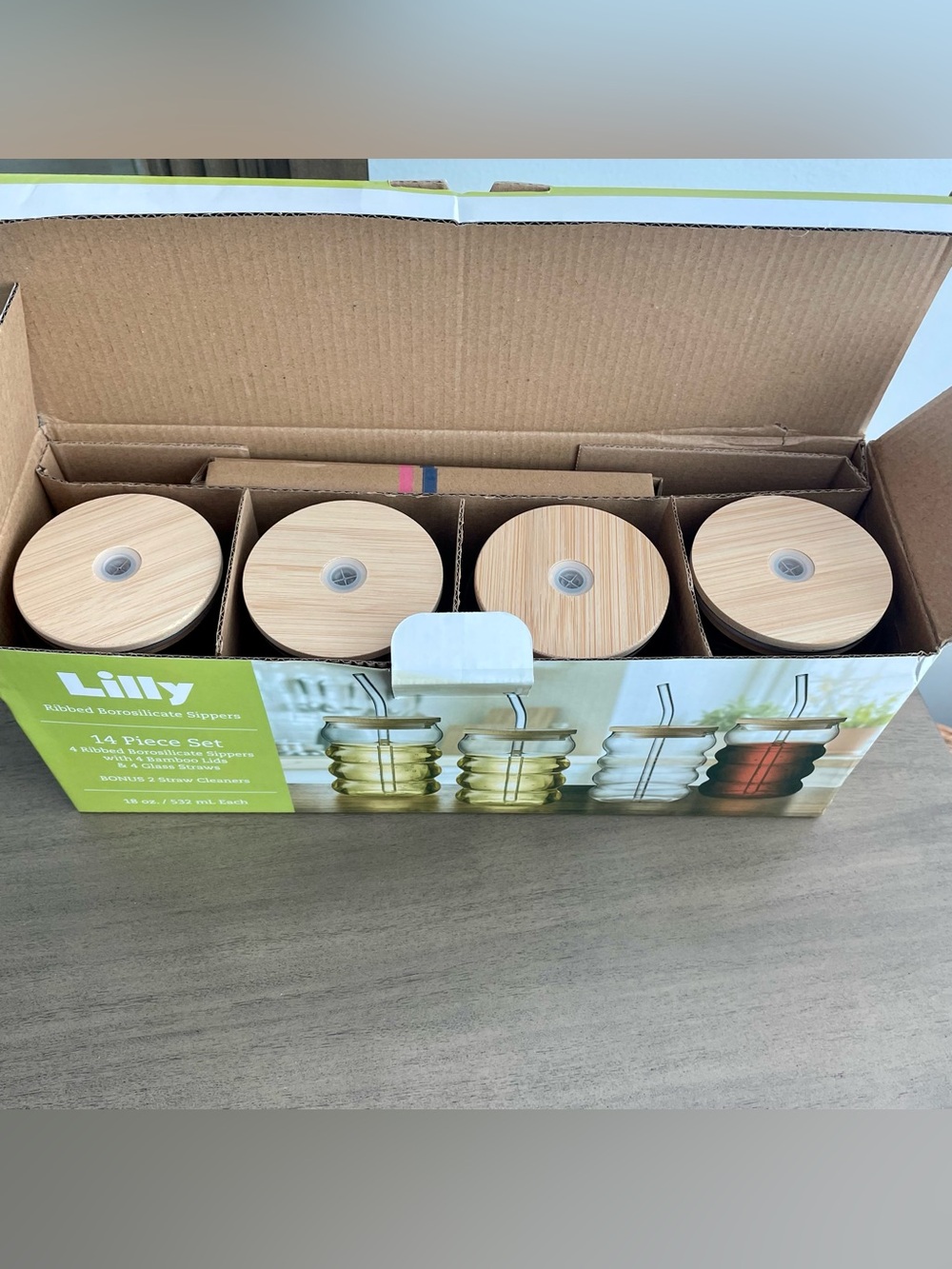 NWT Lilly Ribbed Glass Sippers with Bamboo Lids and Glass straws, 18 oz Set of 4 - Picture 14 of 16